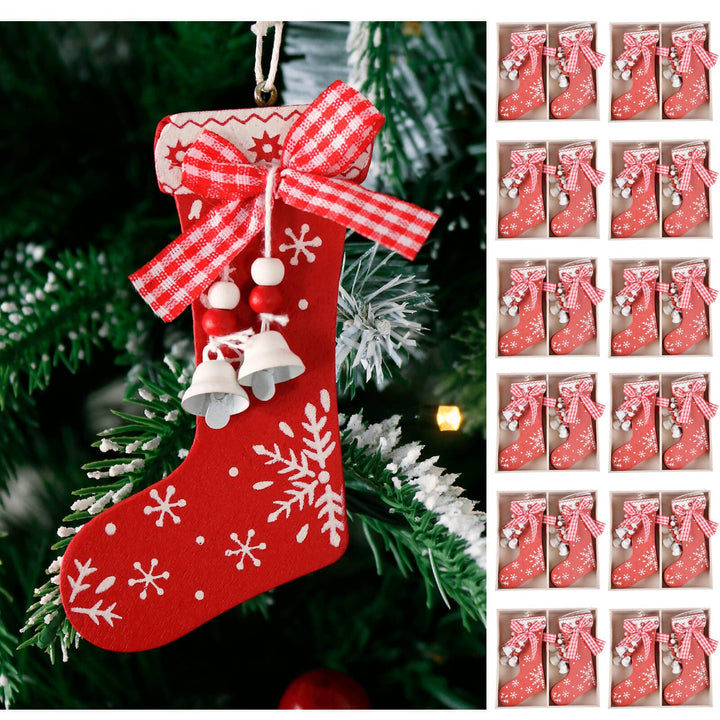 Bulk Pack of 72 Christmas Stocking Wooden Tree Decoration Red 10cm