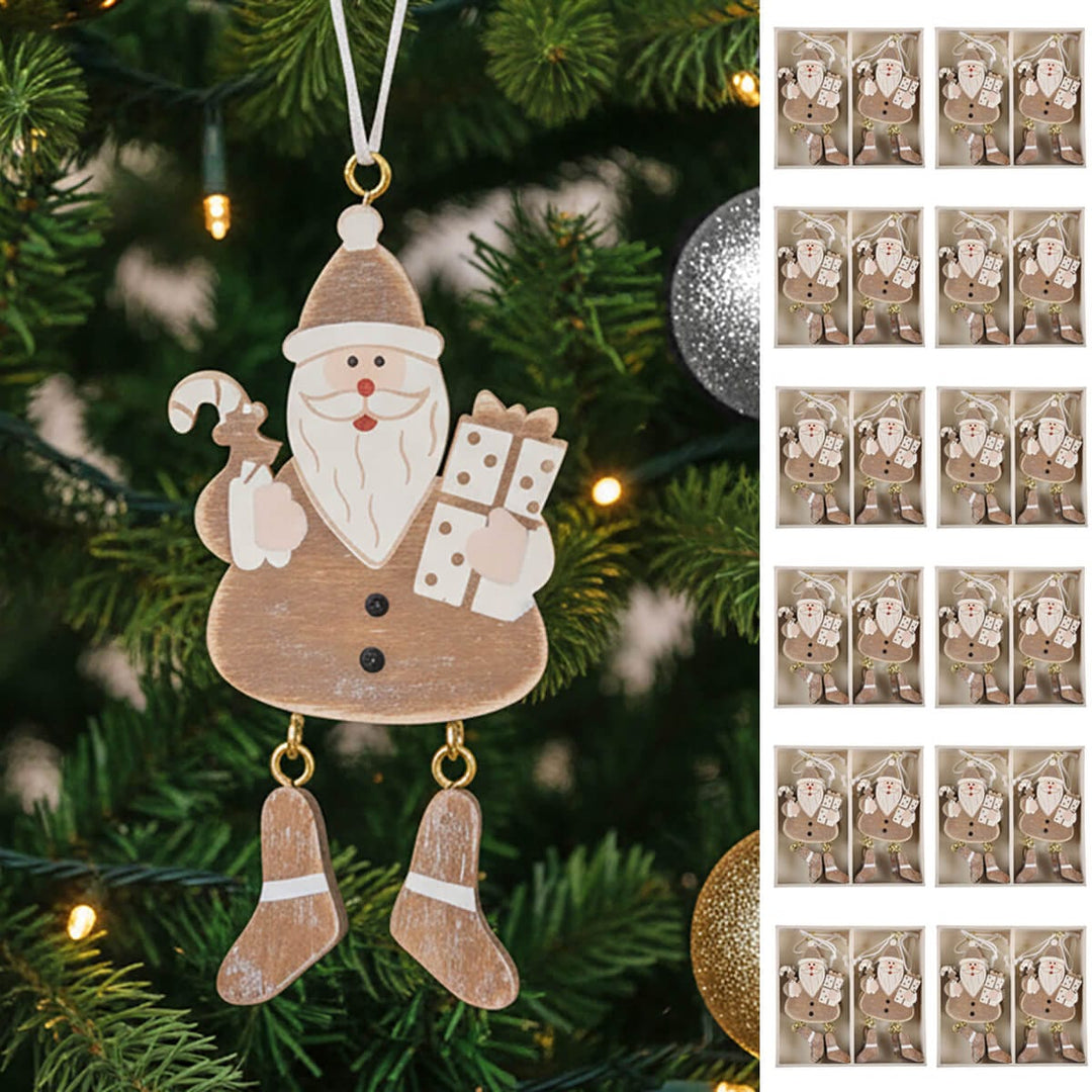 Wooden Santa Claus ornament hanging on a Christmas tree with packaging images displayed.