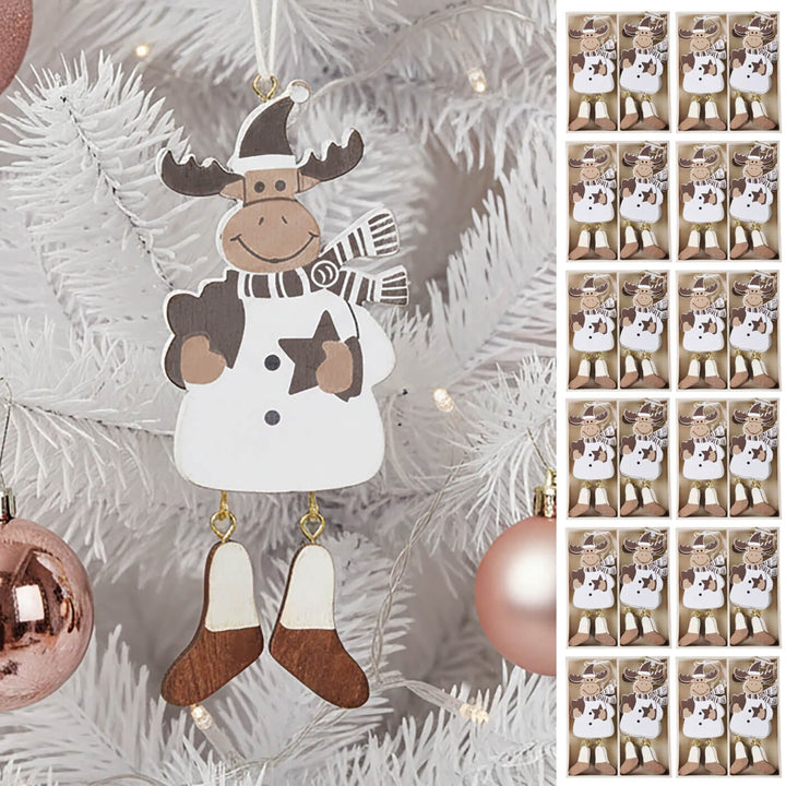 Decorative reindeer ornament hanging on a Christmas tree with packaging of similar ornaments displayed.