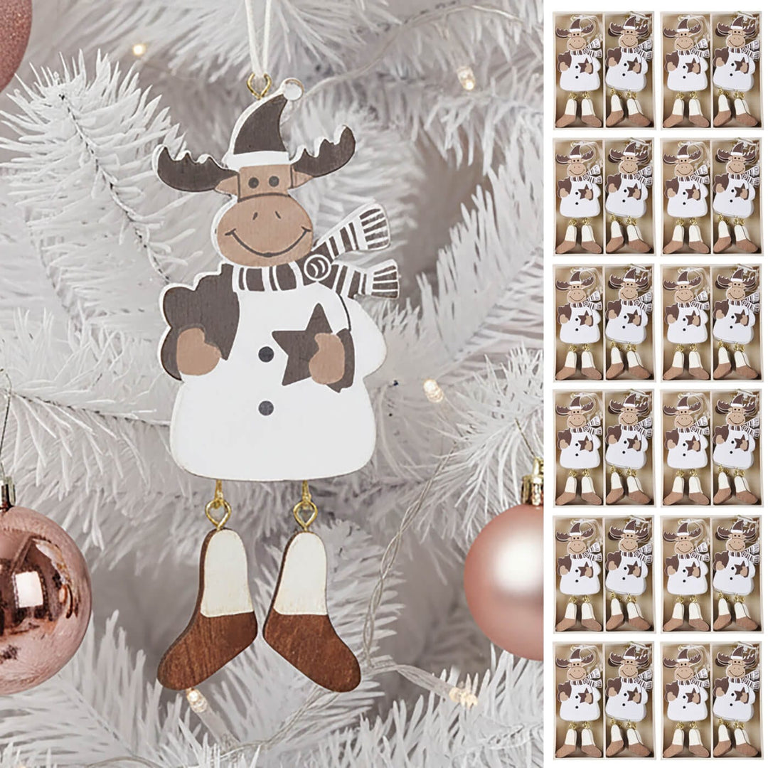 Decorative reindeer ornament hanging on a Christmas tree with packaging of similar ornaments displayed.