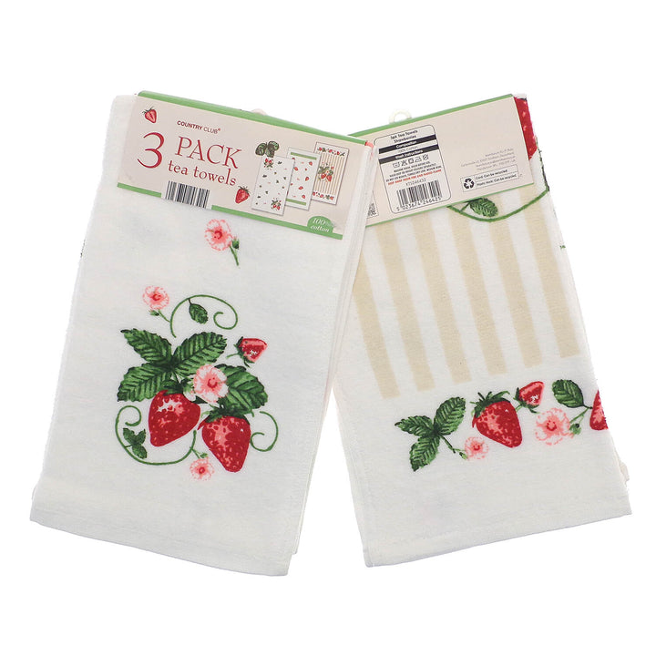 Two packs of tea towels with strawberry design on a white background