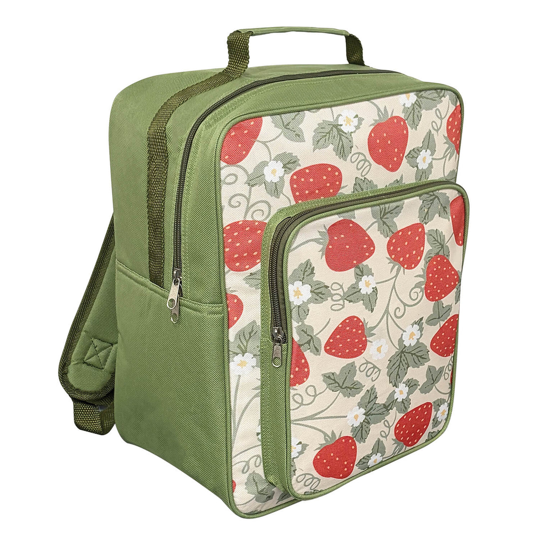 Green backpack with strawberry pattern on a white background