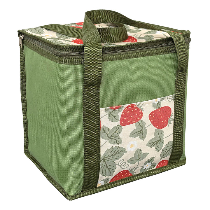 Green insulated cooler bag with strawberry pattern on a white background