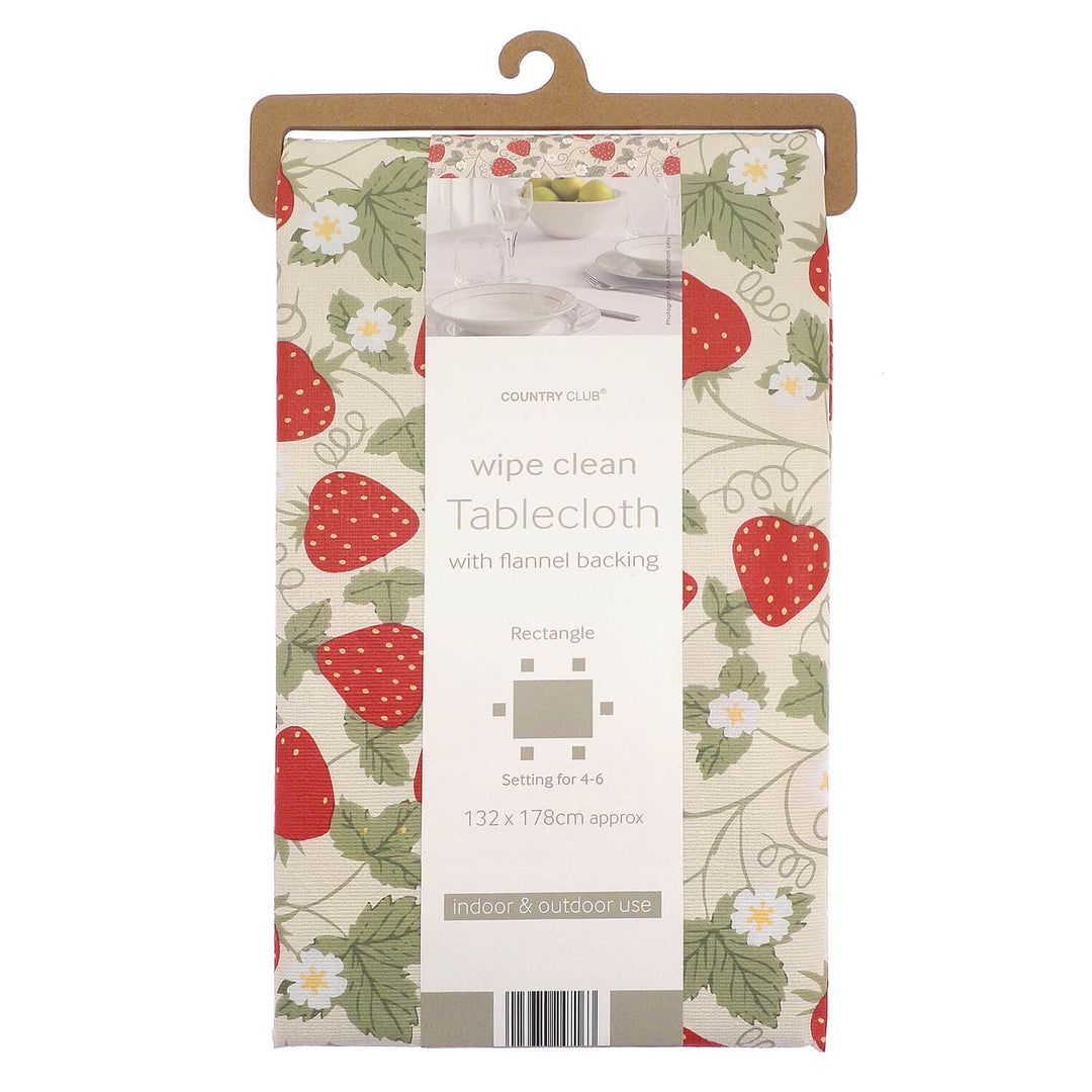 Packaged wipe clean tablecloth with strawberry design on a white background