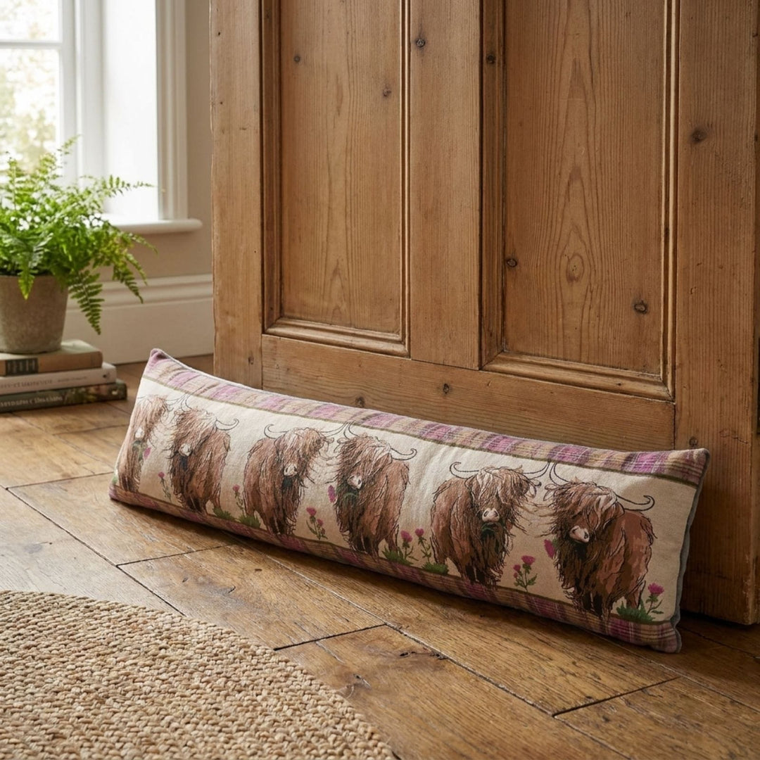 decorative draught excluder featuring highland cow, thistle and tartan print on floor against wooden door with jute rug to the side 
