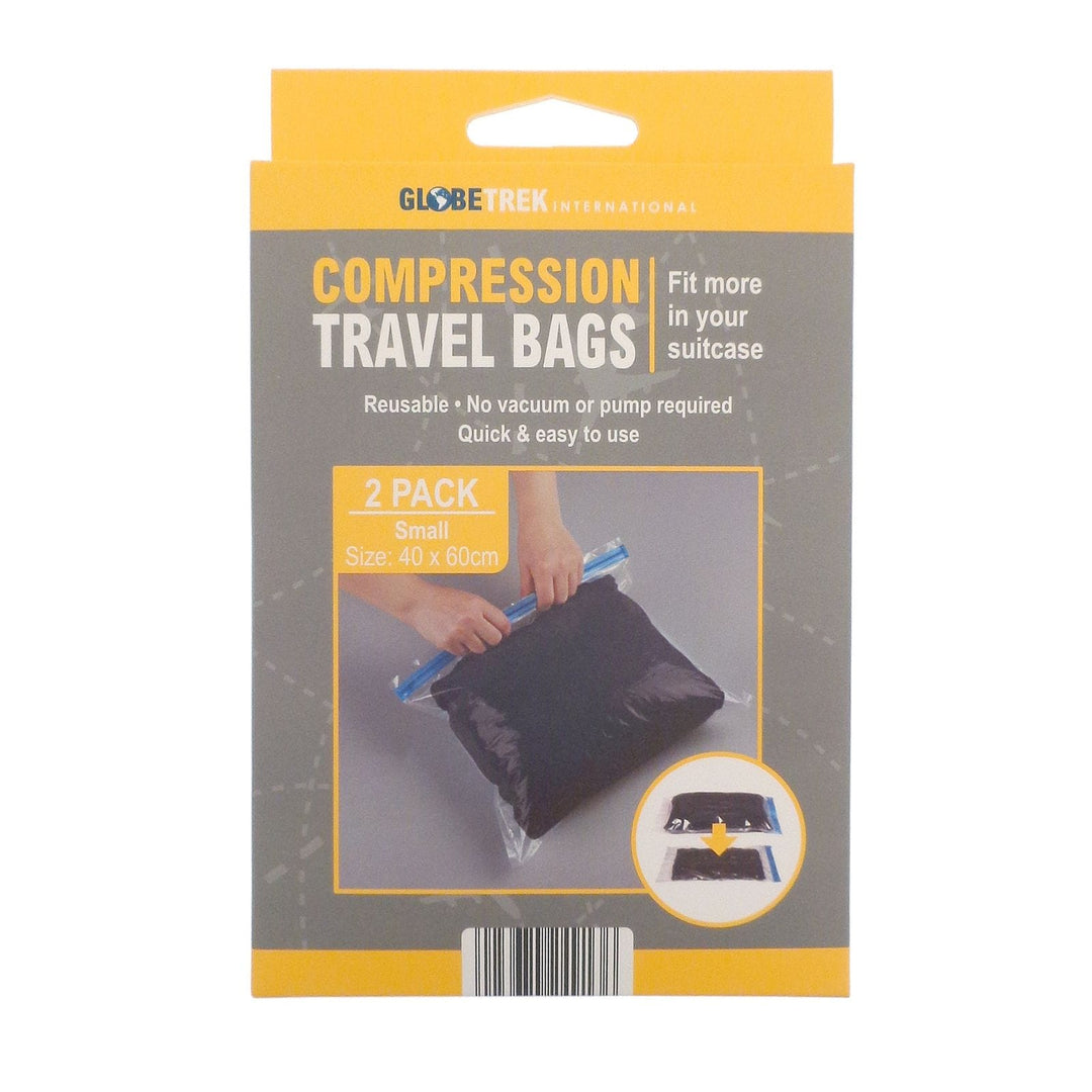 box Packaging of GlobeTrek compression travel bags with a yellow and grey design.