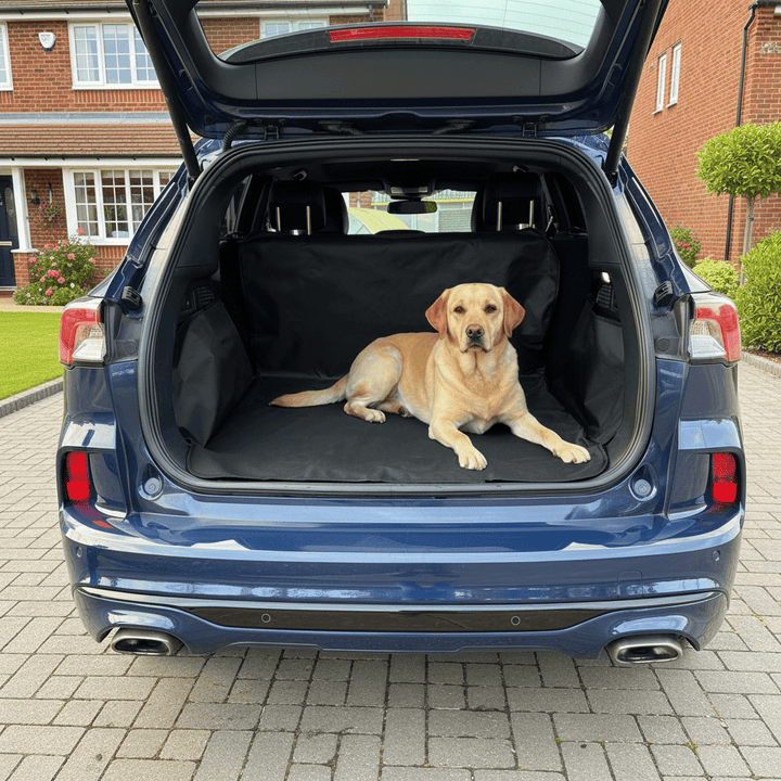 Dog lying on a black pet mat in the open trunk of a blue car with a house in the background.