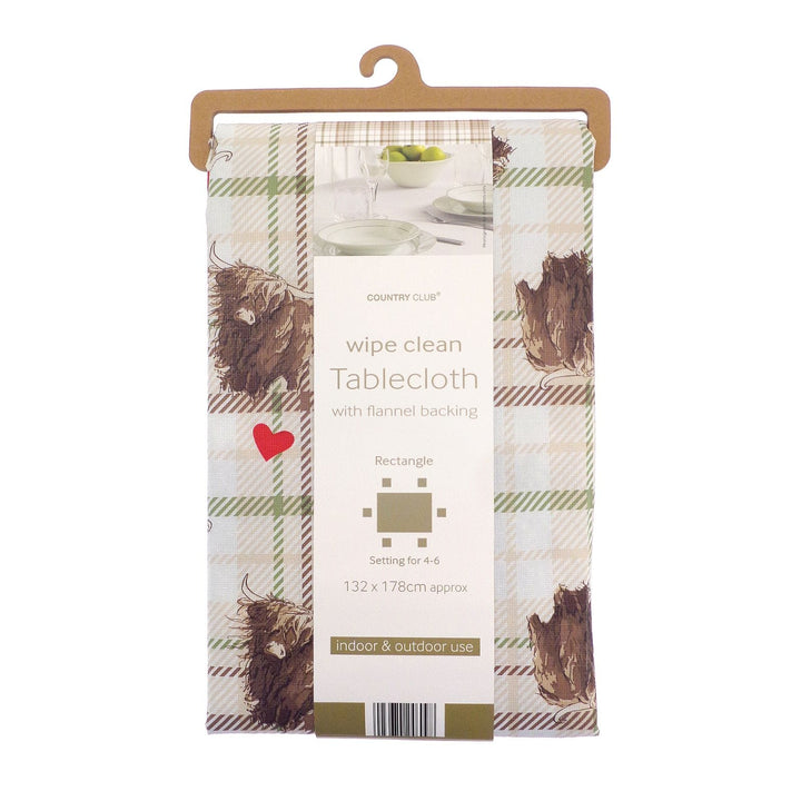 Packaged tablecloth with plaid design and 'wipe clean' label on a white background