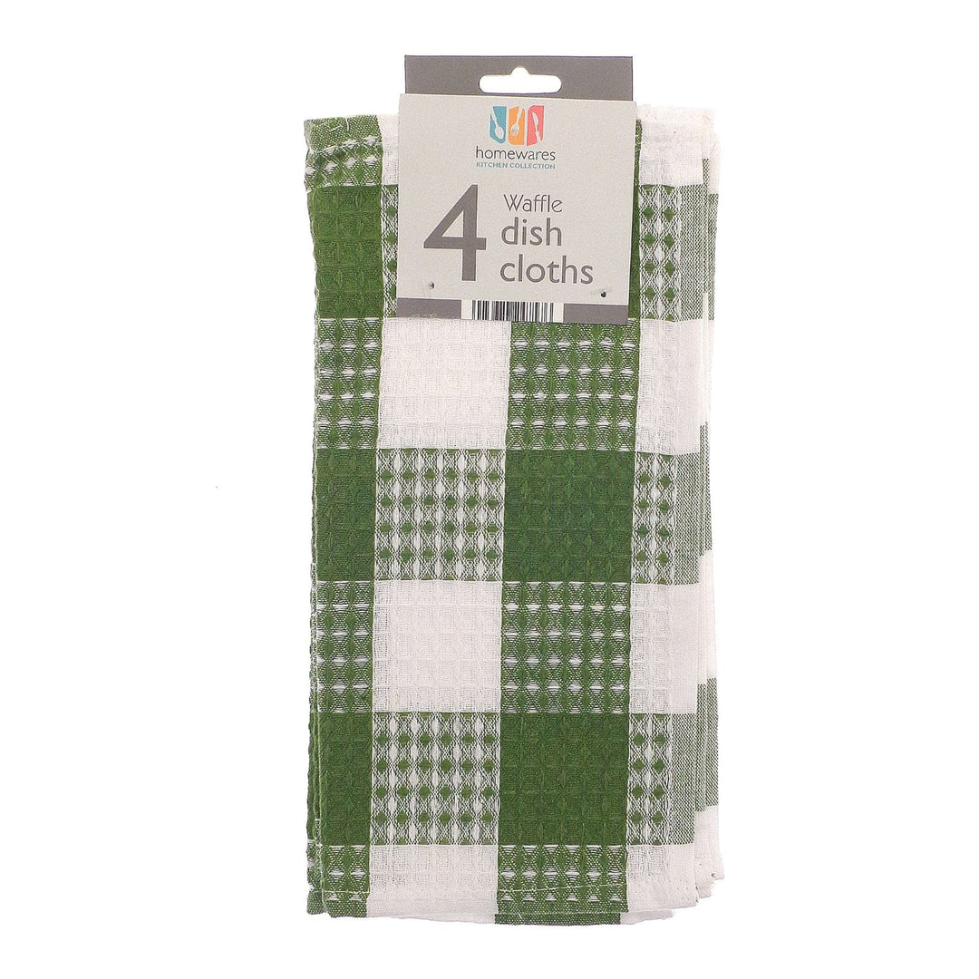 Pack of four green and white checkered waffle dish cloths with a visible brand label.