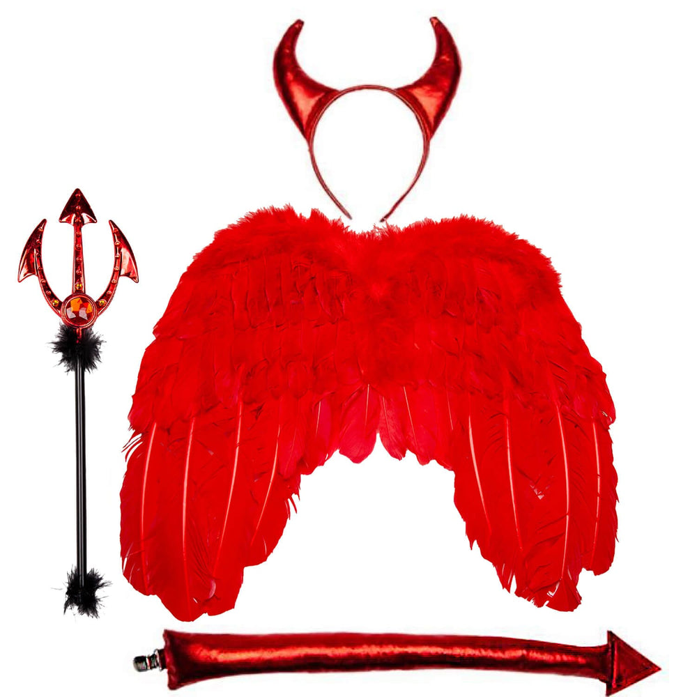 A red devil costume accessory set on a white background, including a horned headband, large feathered wings, a trident wand, and a tail.