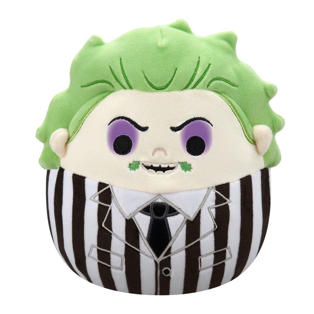 Plush toy of a beetlejuice character with green hair and striped suit on a white background