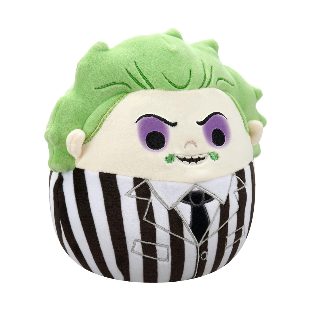 A plush toy shaped like a round character with bright green hair, a cream-colored face, purple eyes, and a black-and-white striped suit, shown on a plain white background.