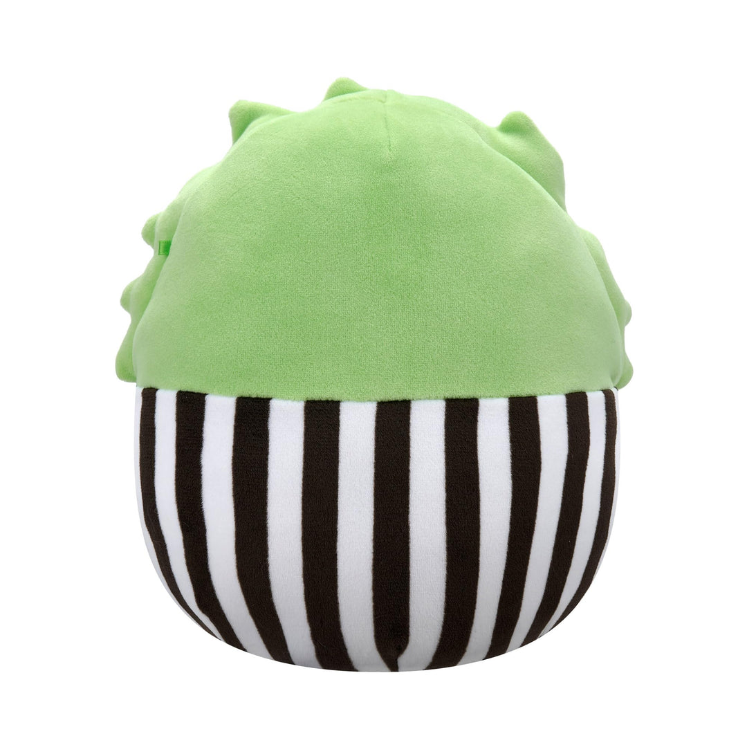 Green and black and white striped plush toy on a white background