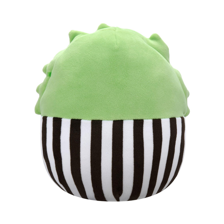 Green and black and white striped plush toy on a white background