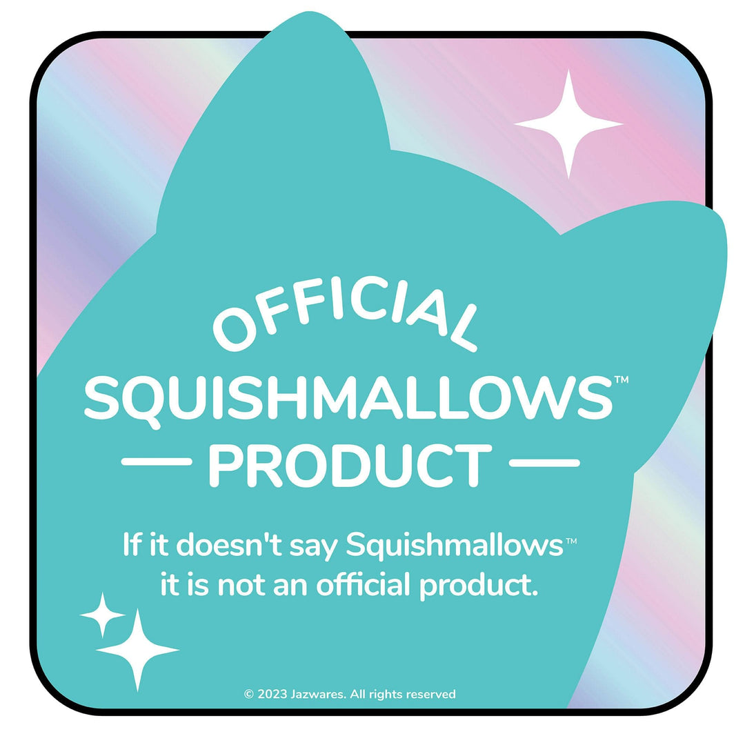 Teal label with 'Official Squishmallows Product' text on a pastel gradient background