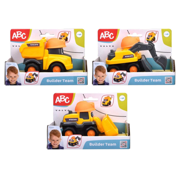 Three yellow toy construction vehicles in retail packaging on a white background: a dump truck, an excavator, and a loader, each labeled Volvo and ABC Builder Team.