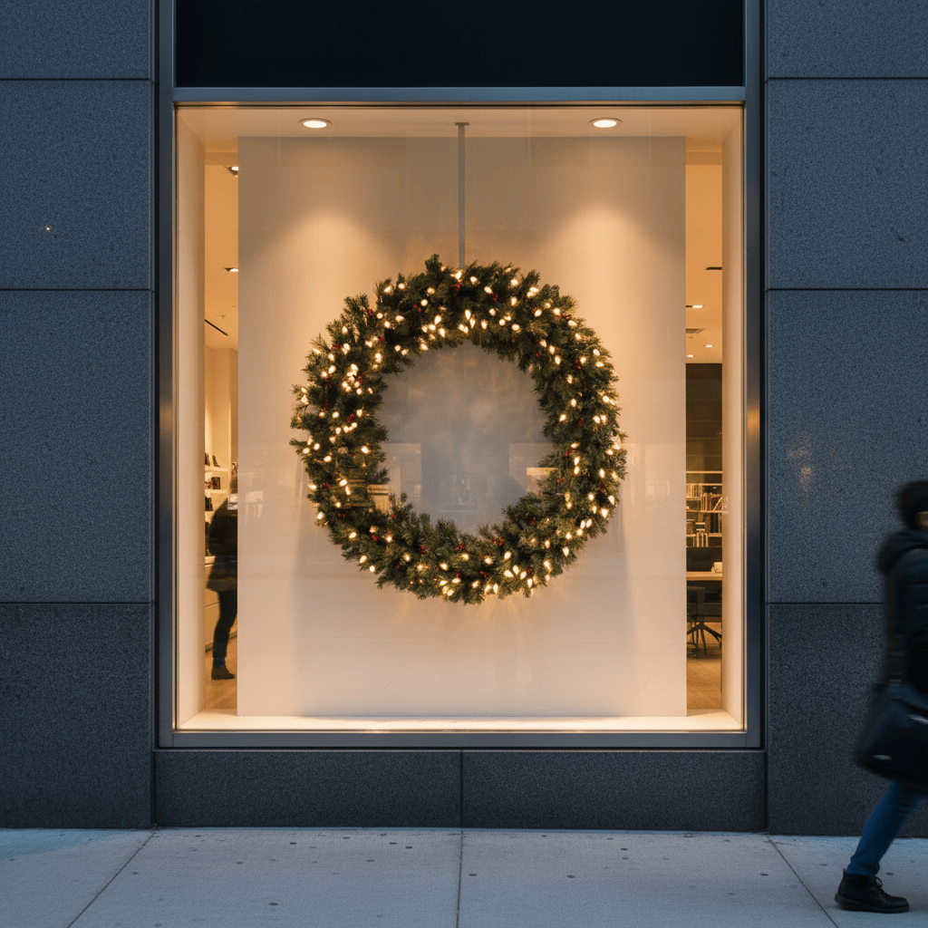 Decorative wreath with lights in a store window, people walking by.