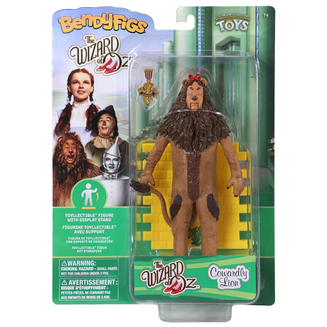 BendyFigs The Wizard of Oz Cowardly Lion action figure in its original blister card packaging, featuring the toy figure and an included stand.