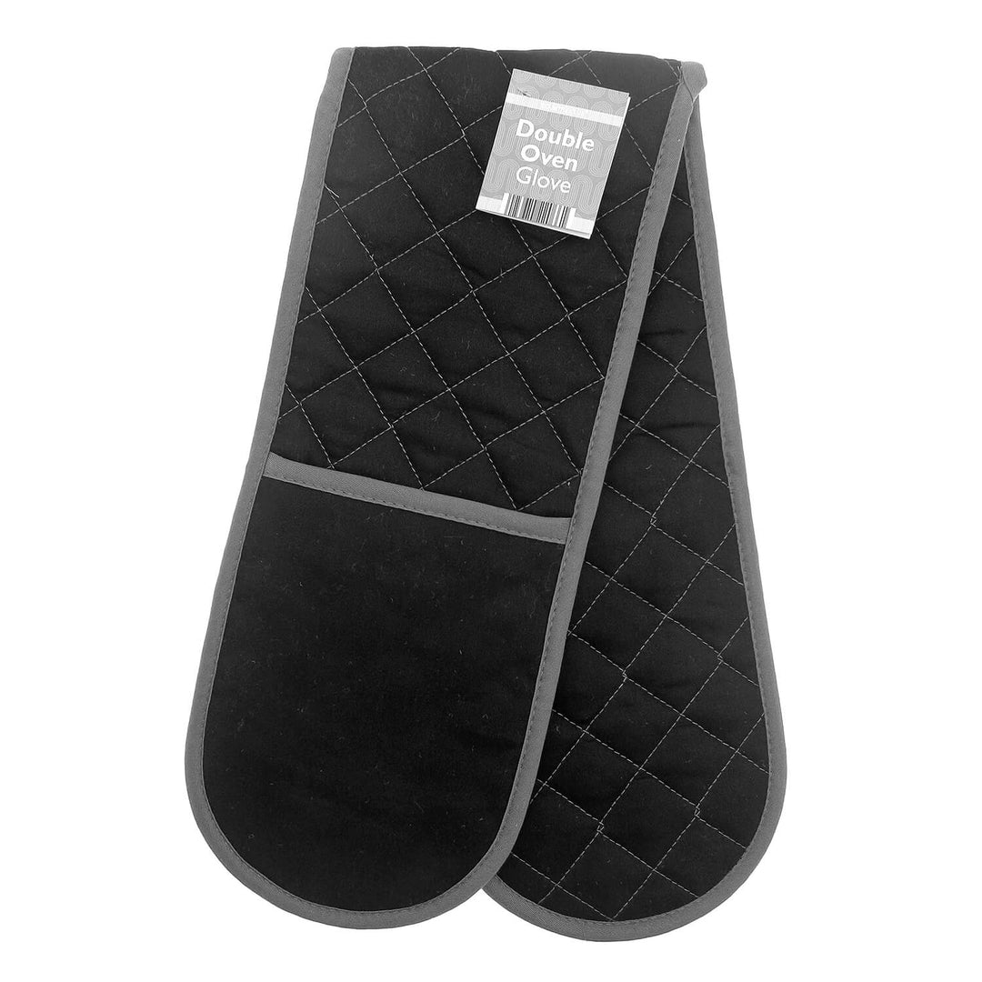 Black double oven glove with grey contrast stitching and edge