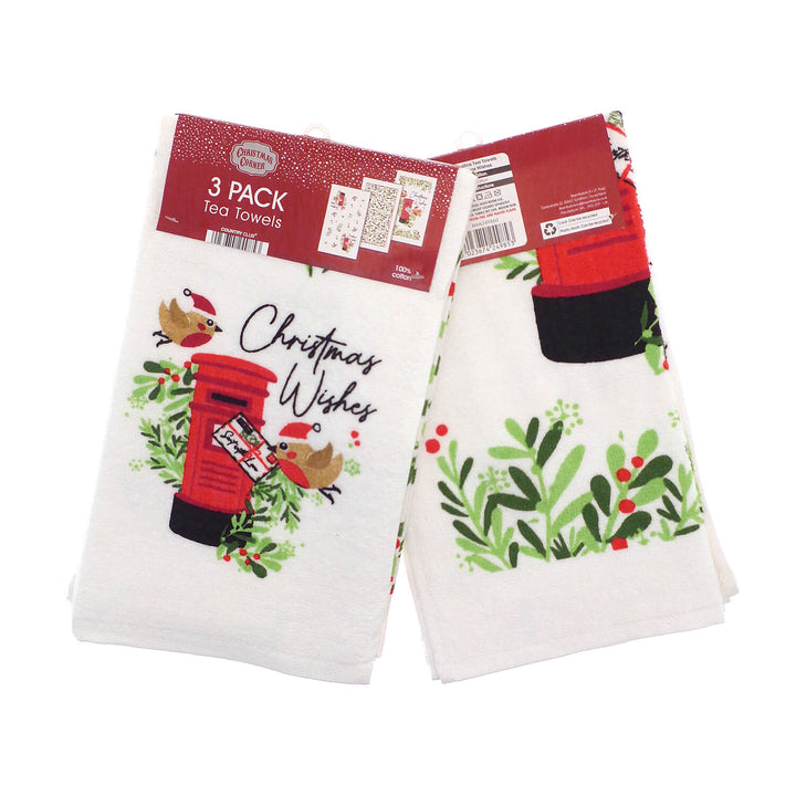 Pack of 3 Christmas Tea Towels Cotton Festive Dish Drying Cloths