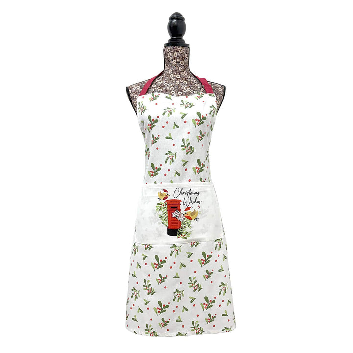 A white apron on a mannequin features a front pocket with a red post box illustration and the text &