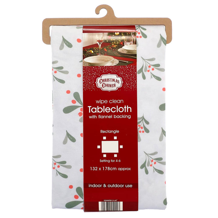Christmas table cloth with Mistletoe and berries designs and wipe clean surface in packaging sleeve