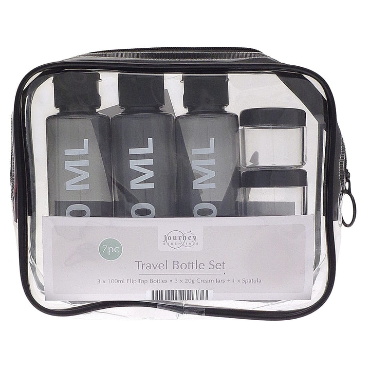 travel bottle set in transparent storage bag with 3 100ml bottles and 20g containers visible inside bag