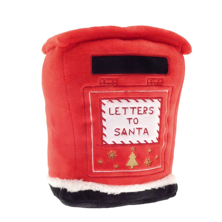 A red plush door stop  Christmas mailbox with a black slot opening, embroidered 'LETTERS TO SANTA' patch, and a black faux-fur trim at the base, shown on a white background.