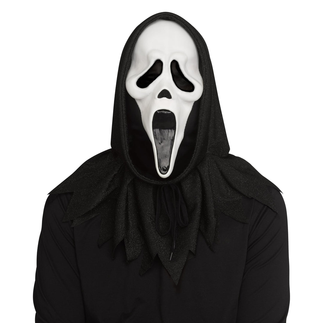 A person wearing a Ghostface-style horror mask and a black hooded costume against a plain white background.