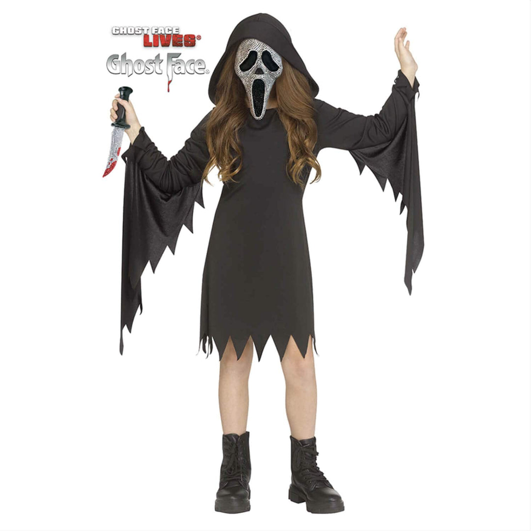 A child modeling a Ghostface Halloween costume from Ghost Face Lives, featuring a black hooded dress with jagged sleeves and hem, a white and black mask, and holding a toy bloody knife, set against a plain white background.