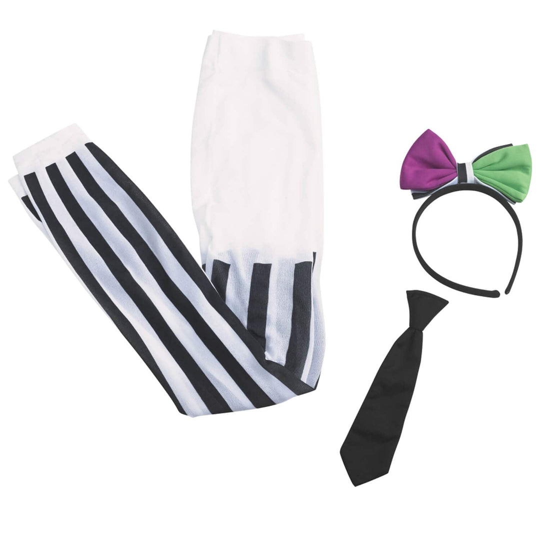 Costume accessory set with black and white stripe leggings, black tie and a green and purple headband