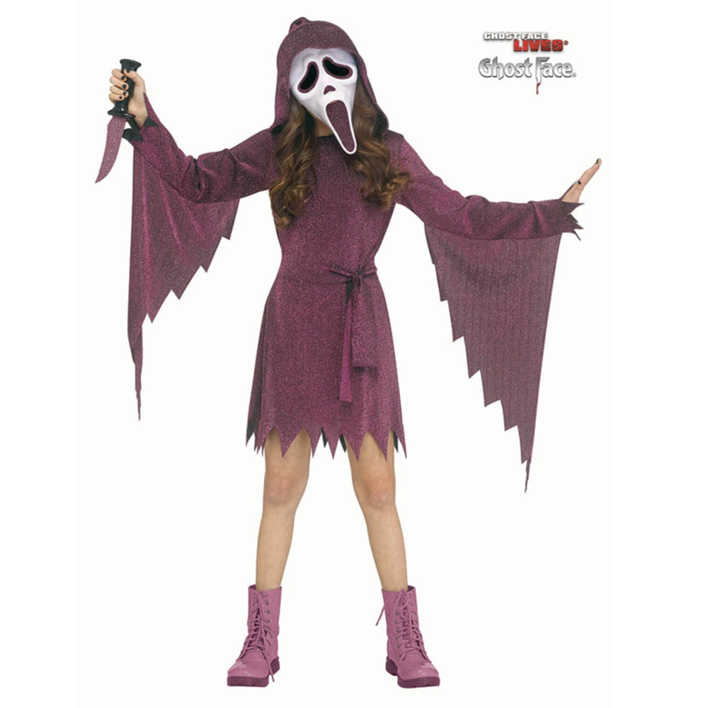 A child modelling a raspberry purple Ghost Face costume with white mask from the Scream movie franchise