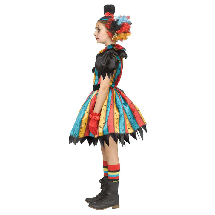 Girls Carny Clown Costume Striped Dress Collar Gloves Hat Halloween