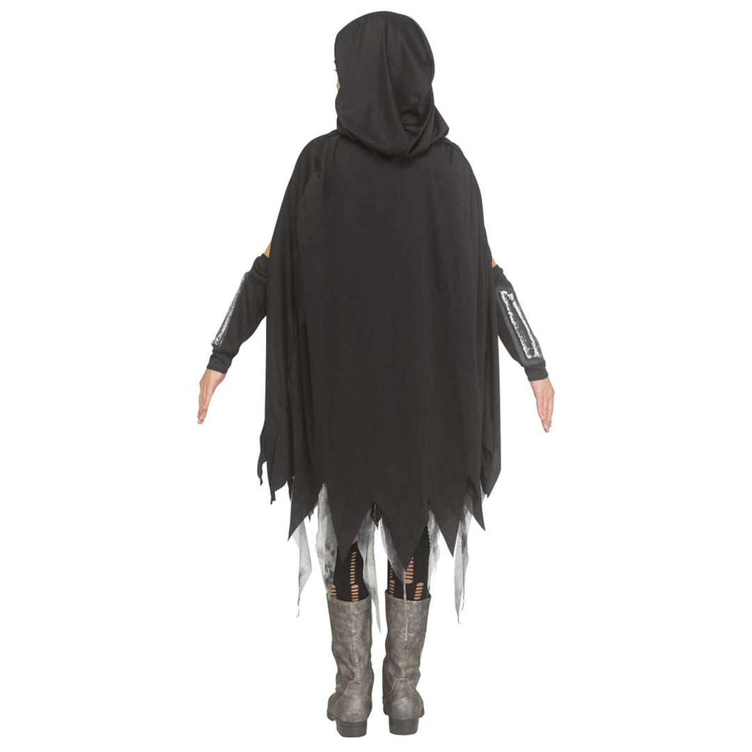 Girl wearing a long hooded cape with jagged hem against a plain white background.