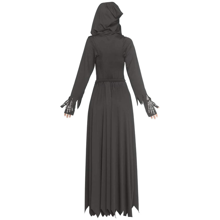 A black hooded long-sleeve maxi dress with a pleated skirt and skeletal finger gloves, shown from the back on a white background.
