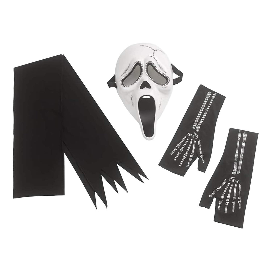 A Halloween costume accessory set featuring a white Ghostface-style mask with black details, a long black cape, and two black fingerless gloves printed with white skeleton hands, displayed on a plain white background.