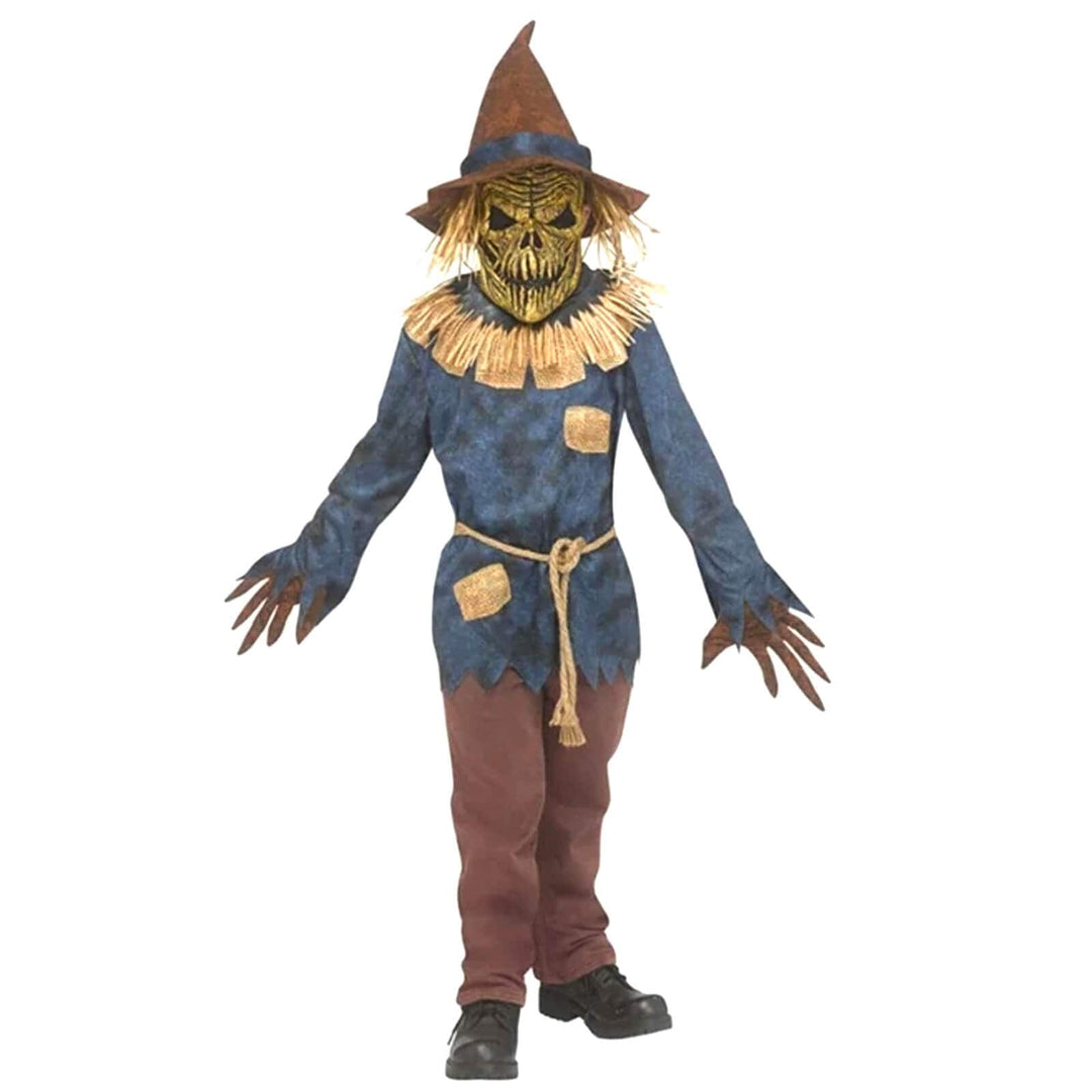 Scarecrow Halloween costume shown on a white background. The costume includes a brown pointed hat, a yellow-brown skull mask with straw hair, a distressed blue shirt with a beige fringed collar, brown pants, and a beige rope belt.