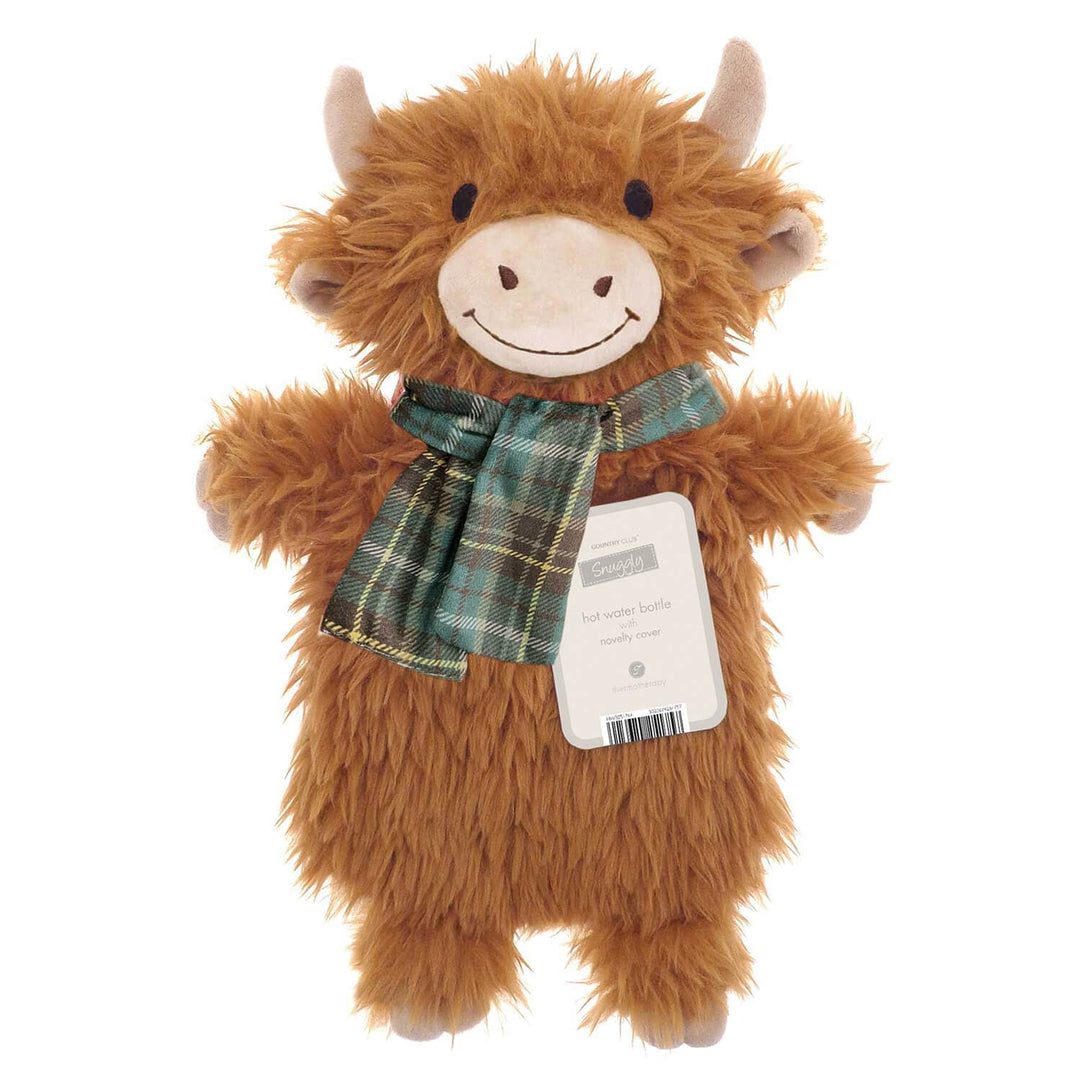 A plush Scottish Highland cow hot water bottle cover with shaggy brown fur and a green tartan scarf.