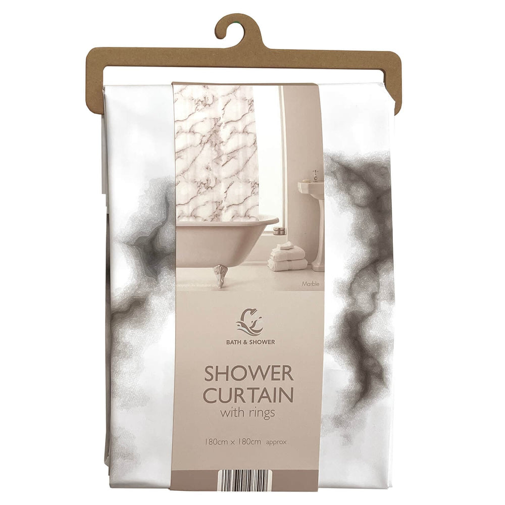 A packaged grey and white marble pattern shower curtain with rings by Bath & Shower, hanging on a cardboard hanger.