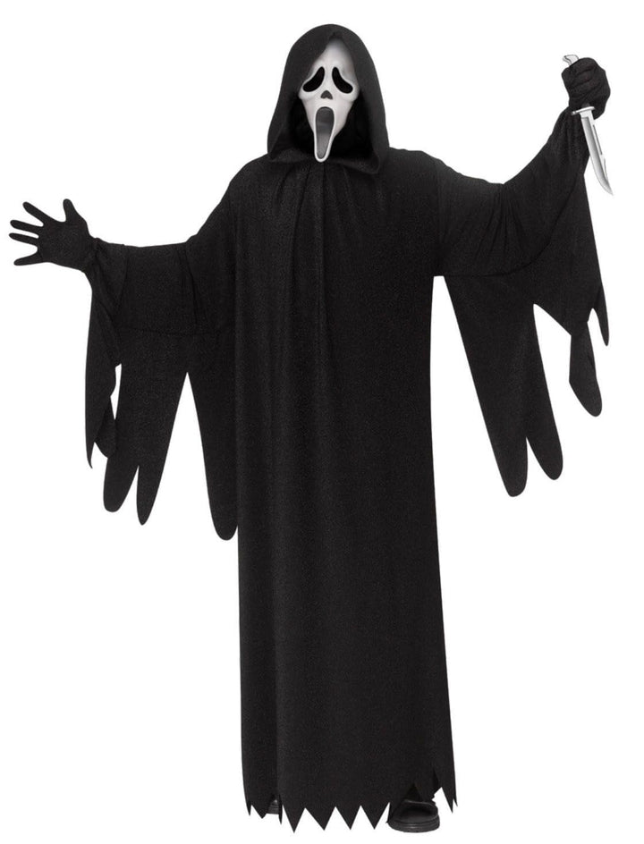 A person wearing a Ghost face-style Halloween costume with a black hooded robe, black mask, black gloves, and a silver knife, photographed against a plain white background.