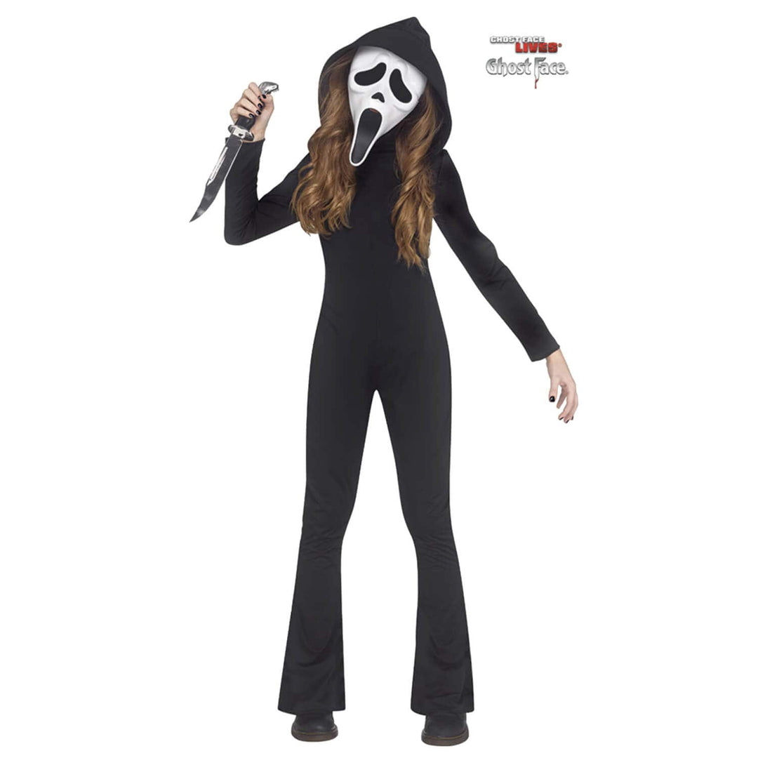 Girls Ghost Face Jumpsuit Costume Black Hooded Playsuit Scream Mask