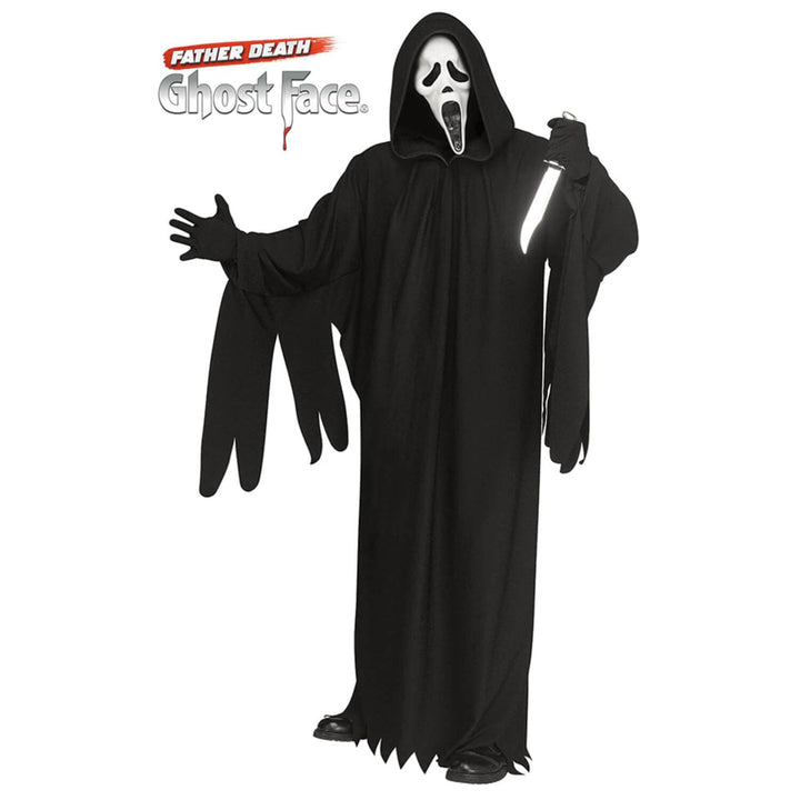 Father Death Ghost Face costume for adults with Scream mask on a white background