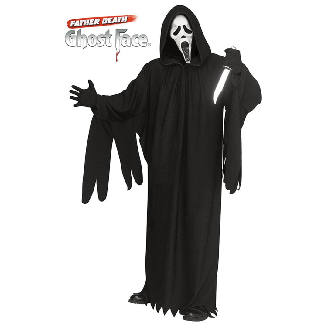 Father Death Ghost Face costume for adults with Scream mask on a white background