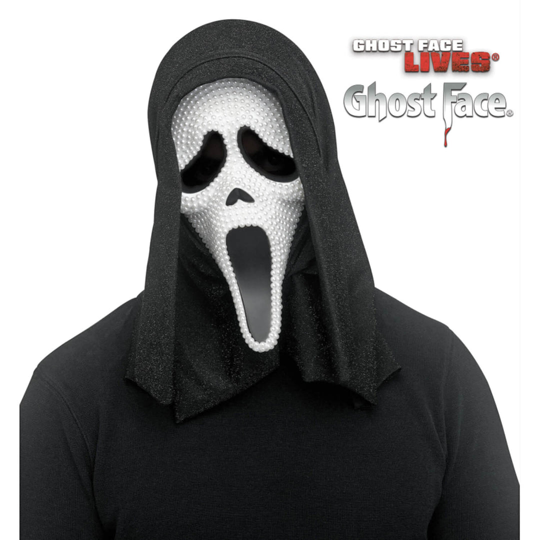 Person wearing a white pearl Ghost Face mask with black glitter hood for Scream fancy dress costumes