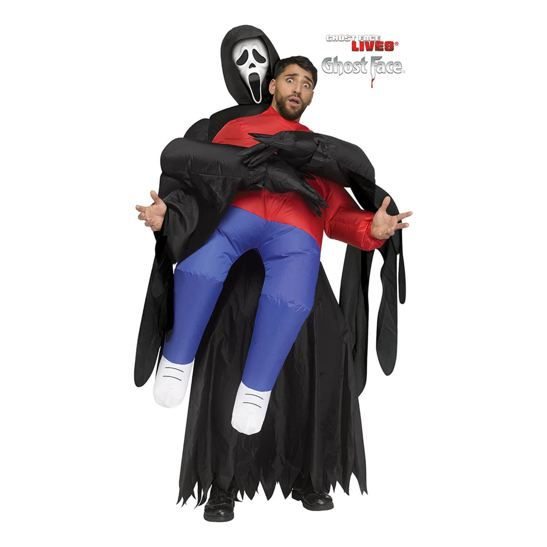 Man wearing an inflatable Ghost Face carry me costume for Halloween fancy dress parties