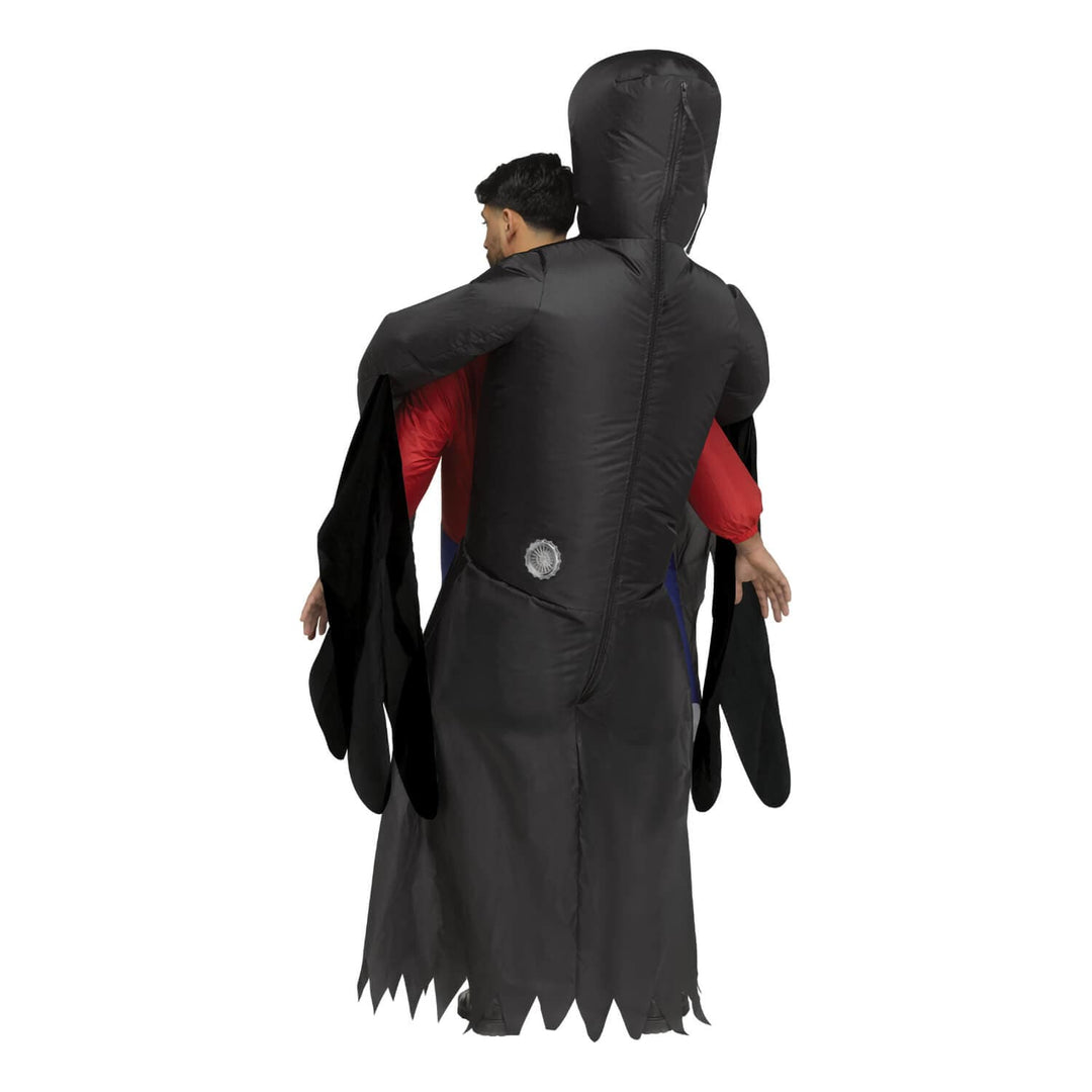 View of the back of an inflatable black character carry me costume with fan vent