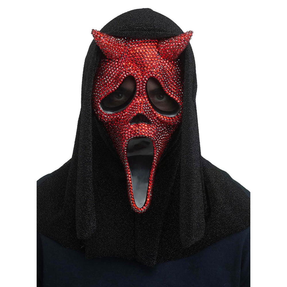 Red rhinestone devil mask with Ghost Face design and black hood on a white background