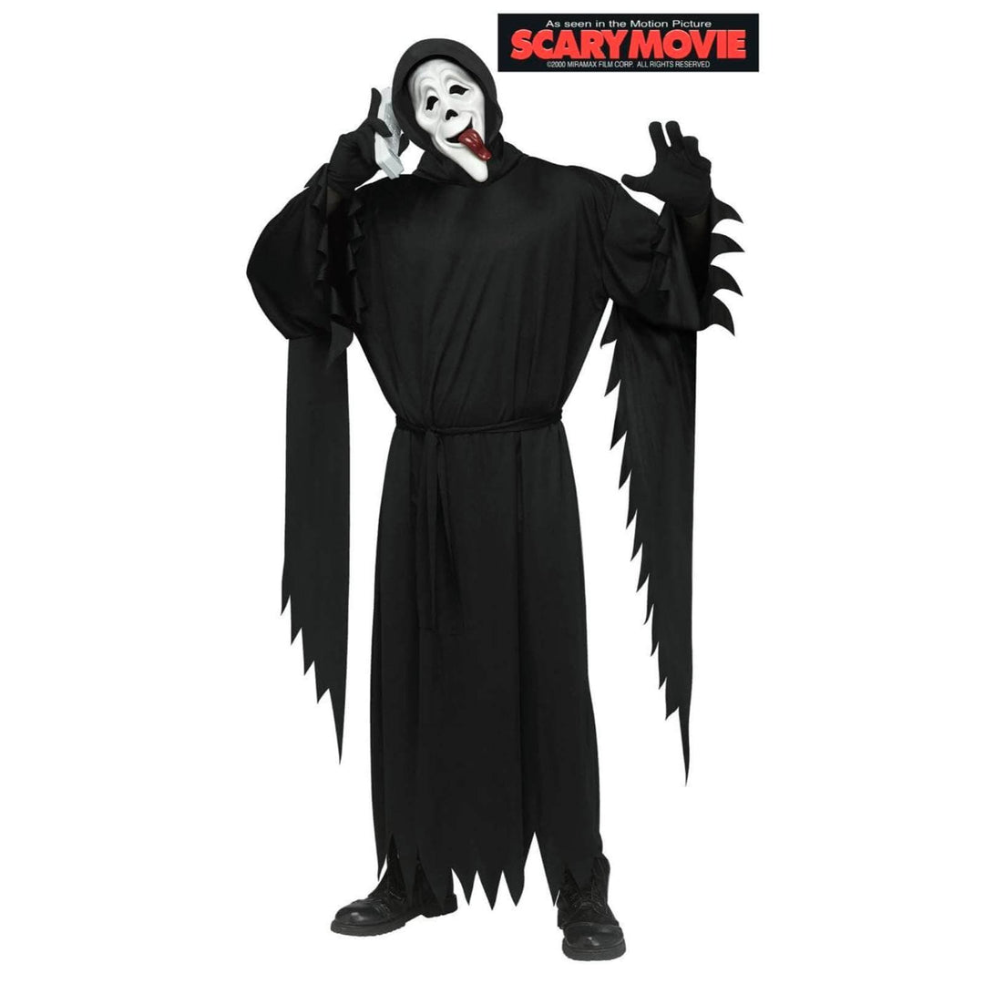 Person wearing a black Halloween costume with a white Scary Movie mask, standing against a white background.