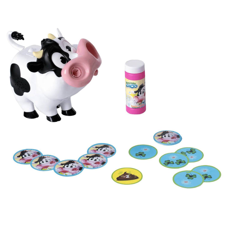 Contents of the box of Moo Moo Achoo cow bubbles sneeze game with tokens bubble liquid