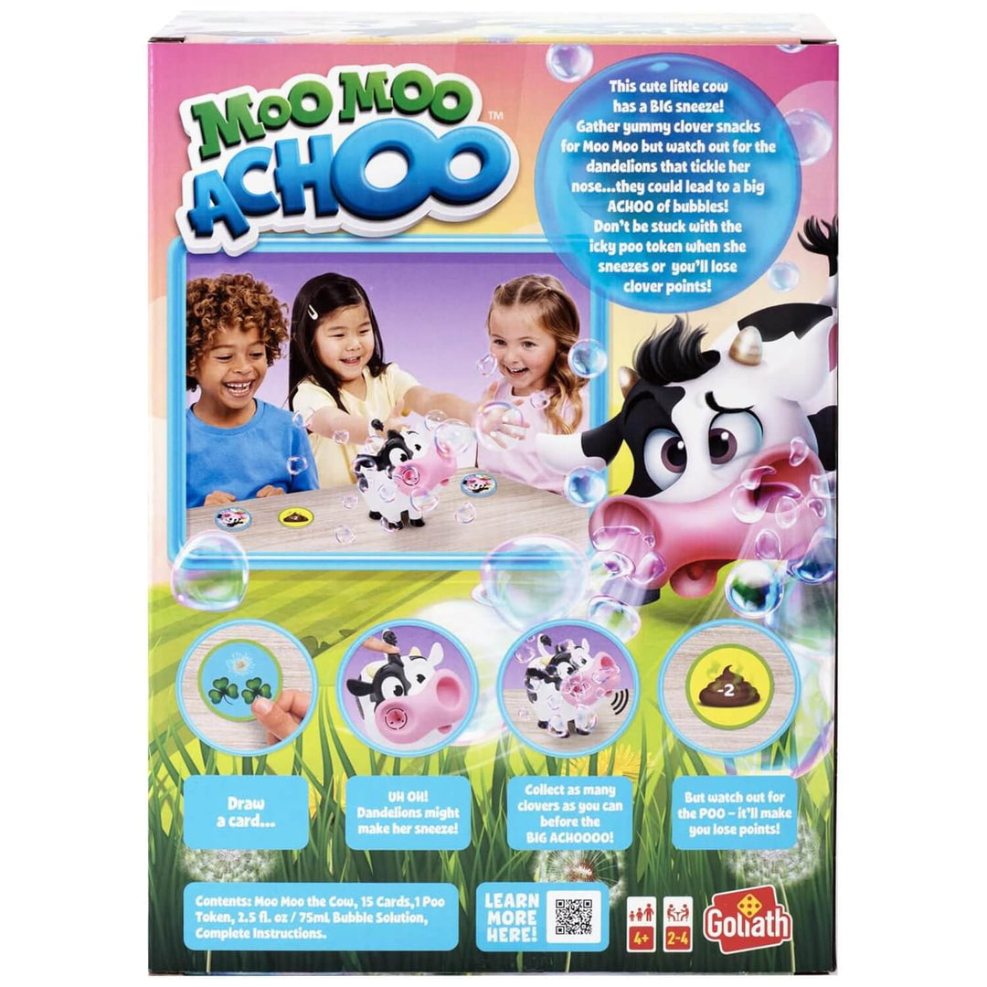 Back of the box of Moo Moo Achoo cow bubbles game for all the family